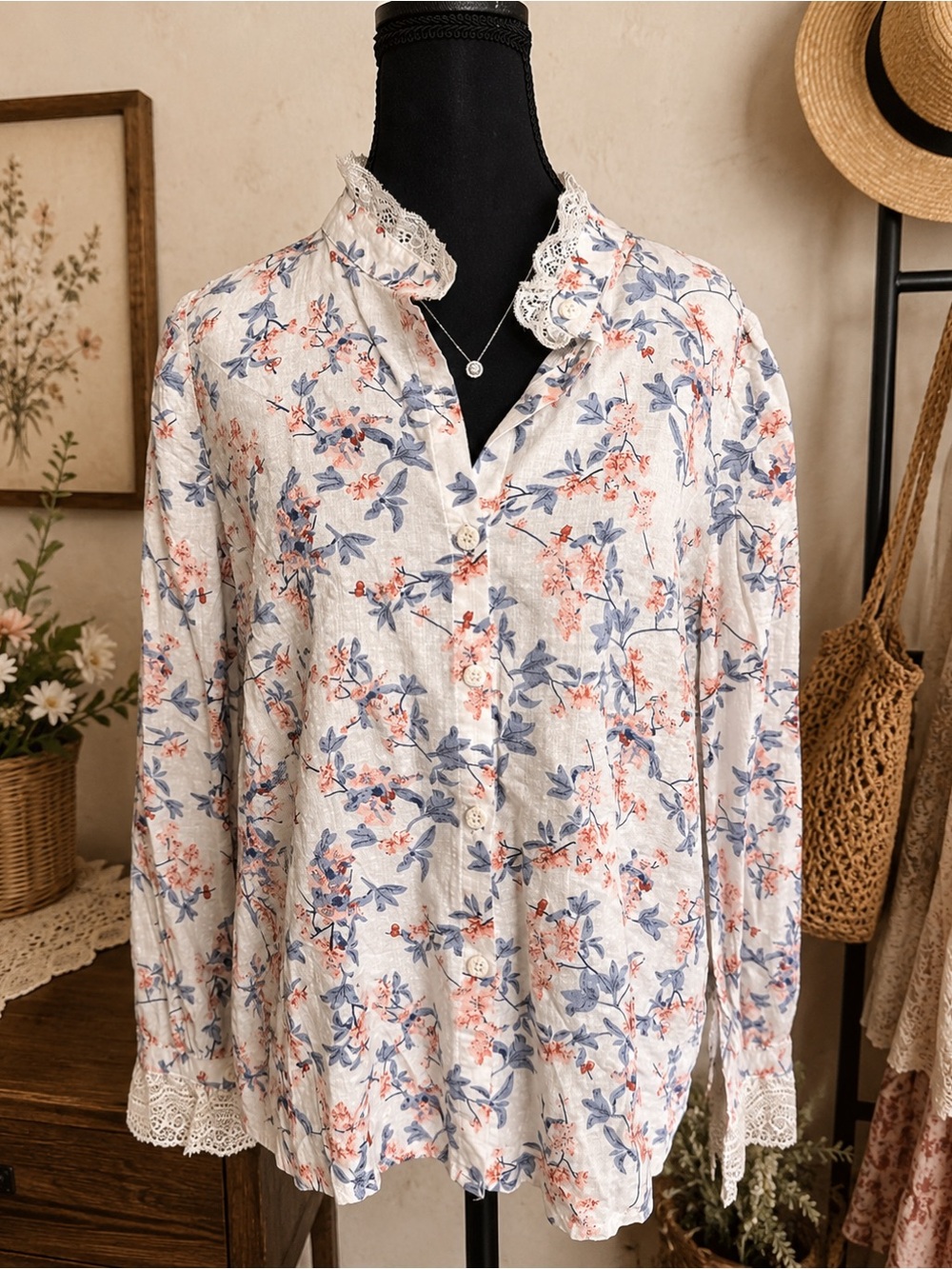 POL Floral Lace Trim Blouse Size Small Cotton Cottagecore Boho Button Front Top